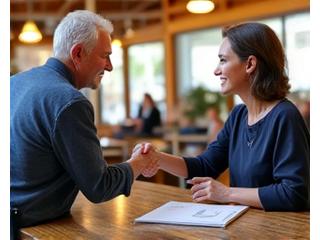 Two people shaking hands over a cafe table in Boulder, symbolizing local collaboration.