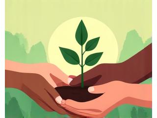 Illustration of diverse hands reaching for a planted sapling, symbolizing growth and support.