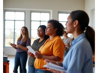 A group of smiling adults participating in a wellness workshop, taking notes and engaging with a speaker.