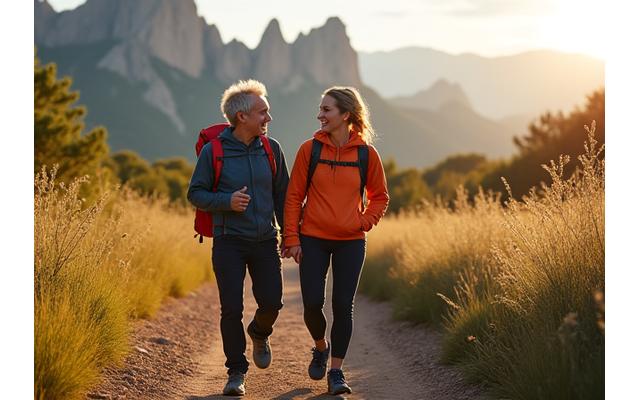 People hiking on a trail in Boulder with the Flatirons in the background, embodying health and nature.