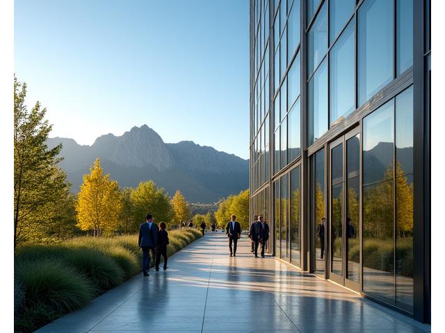 Panoramic view of Boulder's Flatirons with a modern glass building in the foreground, representing innovation and nature.