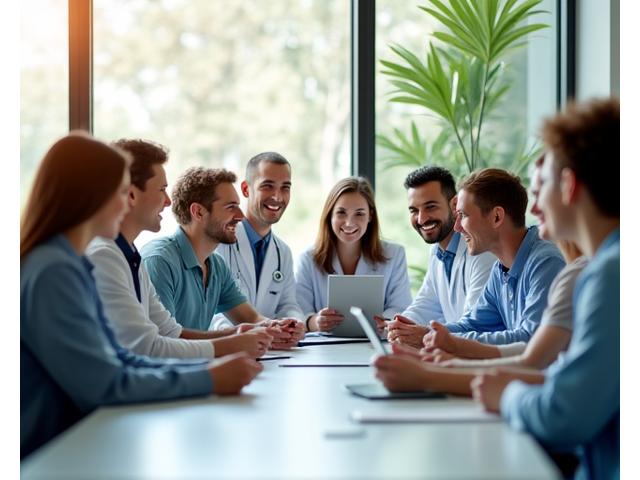 Diverse team of health professionals and tech experts smiling and collaborating in a modern, sunlit office space