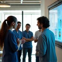 A group of diverse health professionals and developers engaged in a collaborative discussion around a whiteboard.