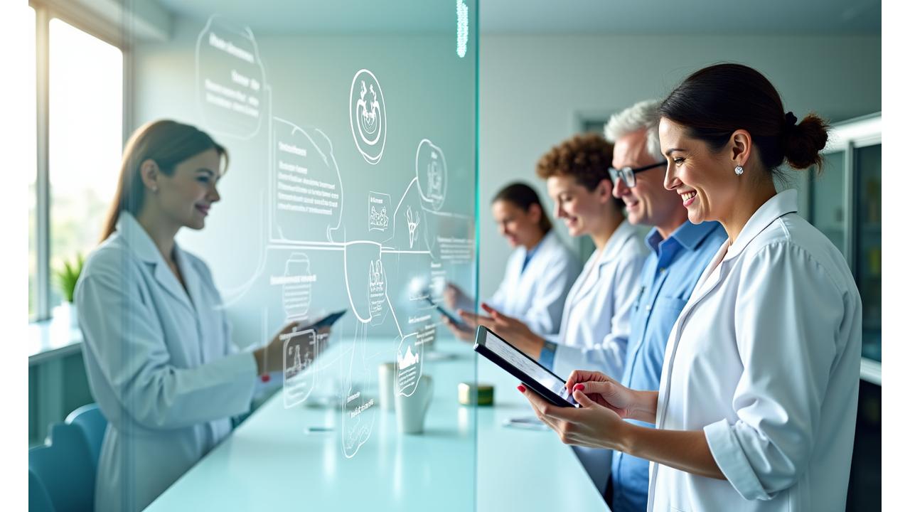 Visual representation of Vibrant Zenith's rigorous 7-stage product curation process, with magnifying glass over a product list and diverse expert team members reviewing reports.