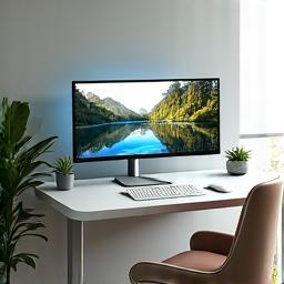Vibrant Zenith Ergonomics: A modern, well-lit home office setup featuring an adjustable standing desk, an ergonomic chair, and a sculpted keyboard, promoting comfort and productivity.