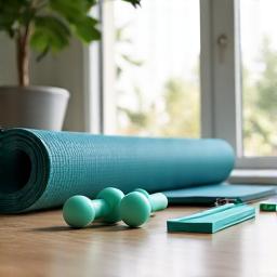 Vibrant Zenith Home Fitness Gear: A bright, clean home gym space featuring resistance bands, a yoga mat, and light dumbbells, suggesting accessible fitness for adults 35+.