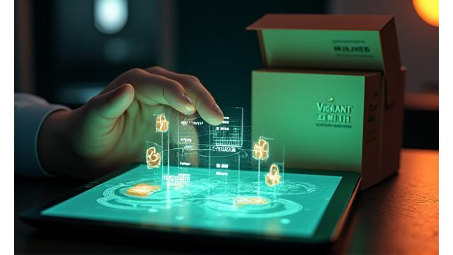 Illustration of a person interacting with an AI interface that recommends wellness products based on health data, with a box of curated products.