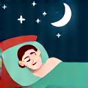A serene bedroom scene with a person comfortably sleeping, and an overlay showing icons of sleep tools integrating seamlessly into a nighttime routine.