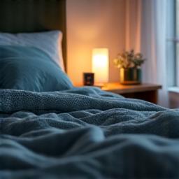 Vibrant Zenith Sleep Tools: A cozy, dark bedroom with soft lighting, showcasing a weighted blanket, blue light blocking glasses, and a sound machine, emphasizing restful sleep.