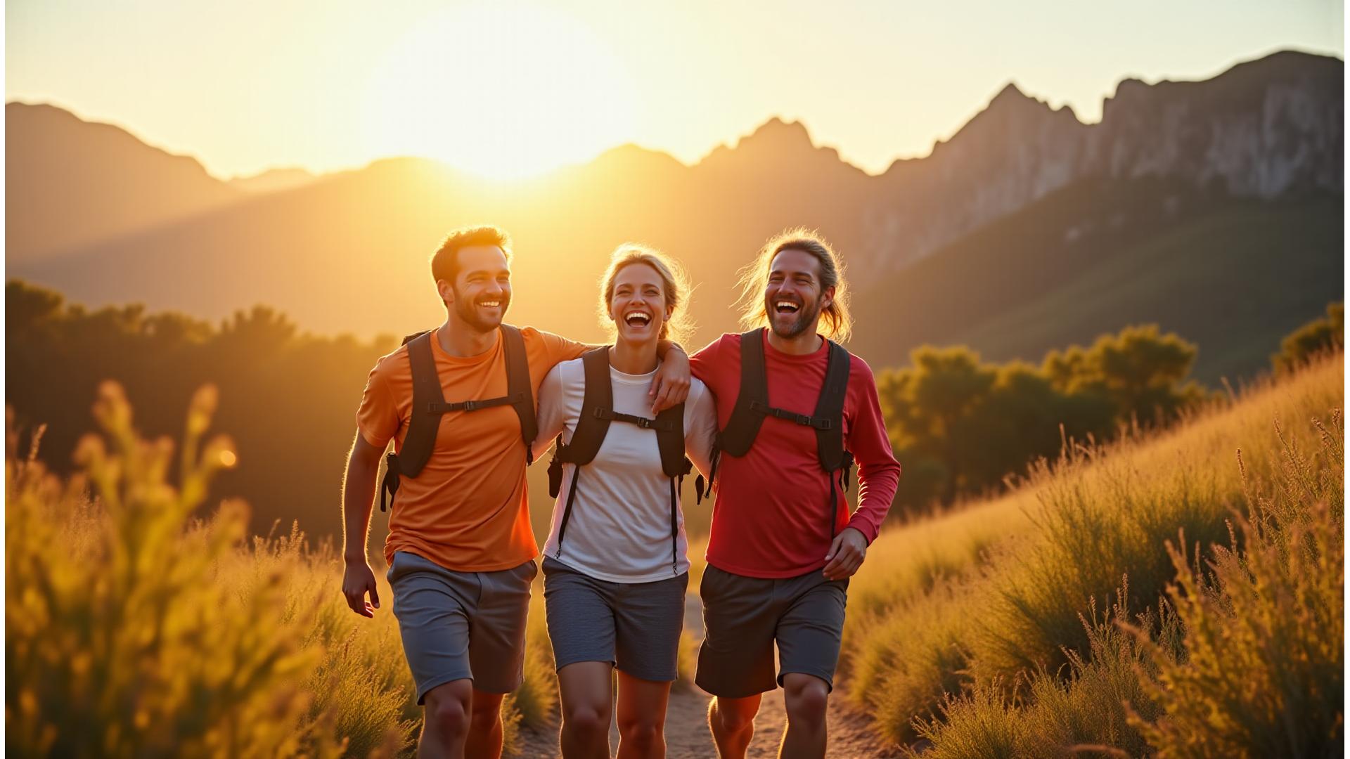 Vibrant adults over 35 hiking in scenic Boulder, Colorado mountain foothills, active and smiling