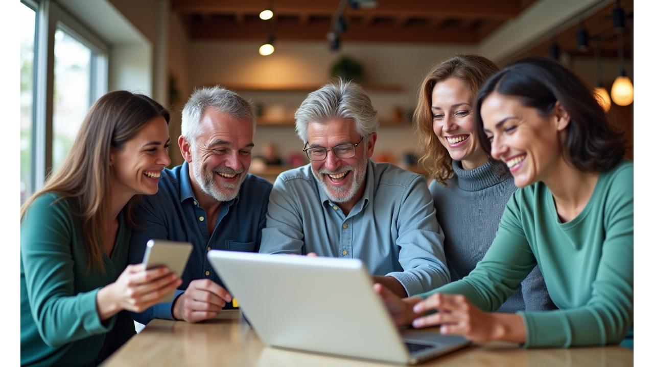 Diverse group of adults happily engaging in an online forum on tablets and laptops, smiling and collaborating.