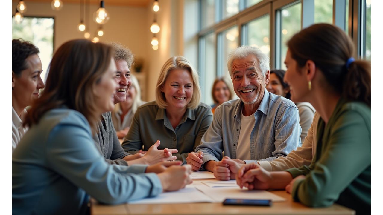 Happy group of diverse adults engaging in a supportive group activity, symbolizing community.