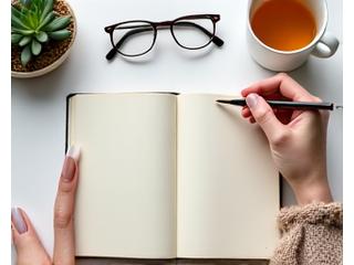 Thoughtful person writing in a journal, noting lifestyle improvements and insights.