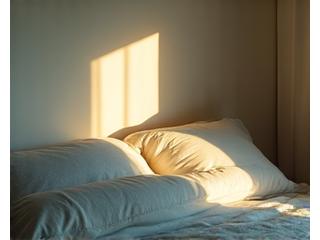Calm bedroom scene with soft light and a comfy bed, representing sleep and recovery.