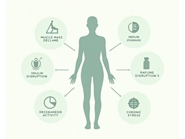 Infographic explaining metabolic slowdown after 35 with factors like muscle loss, hormonal shifts, and lifestyle impacts