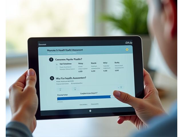 Interactive preview of Vibrant Zenith's health assessment showing sample questions and data input fields with a progress bar