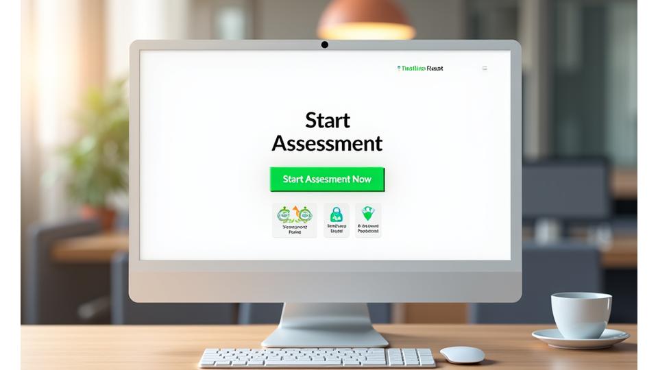 A secure interface showing 'Start Assessment' button with security badges and a privacy lock icon