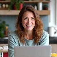 Emily R., 42, Busy Parent & Entrepreneur, with a vibrant background