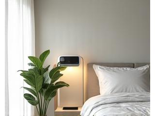 Air purifier in a serene bedroom, emphasizing clean air quality for sleep.