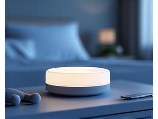 White noise machine emitting soothing sounds in a quiet bedroom, symbolizing sound management.