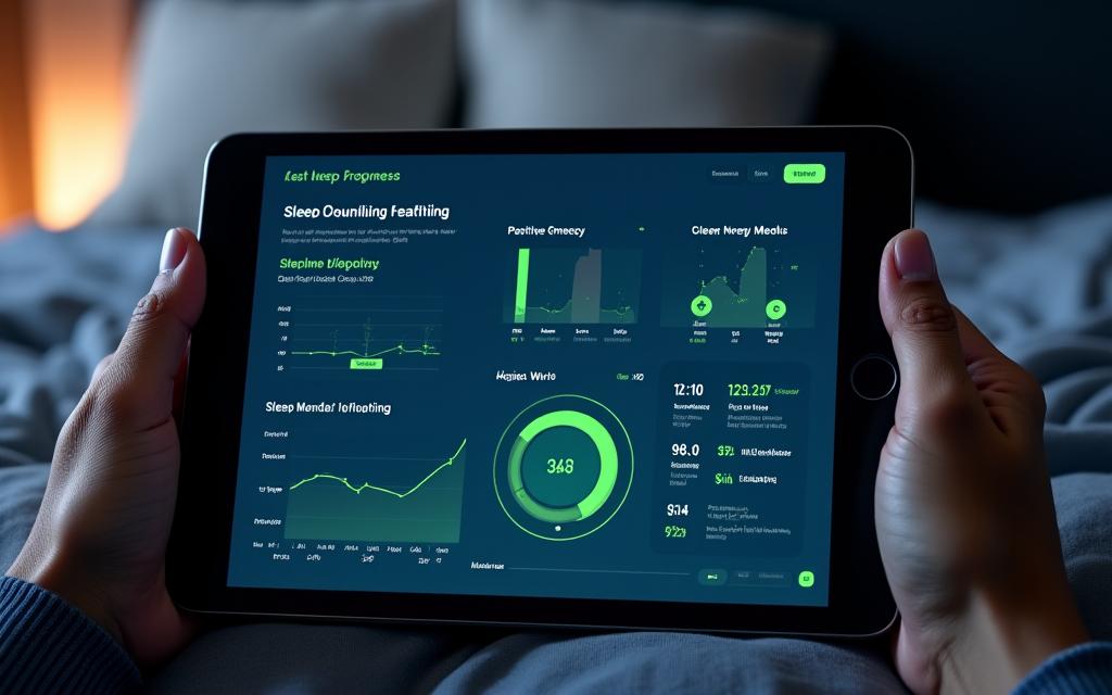 Personalized sleep tracking dashboard on a tablet, showing graphs of sleep quality, HRV, and energy levels over time.