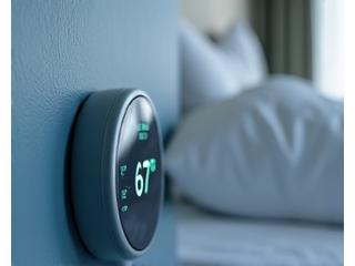 A clean, minimalist bedroom with an optimized thermostat, indicating perfect temperature for sleep.