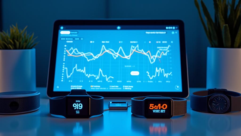 Multiple wearable devices (Oura Ring, Apple Watch, Fitbit) connected to a stylized dashboard showing sleep metrics.