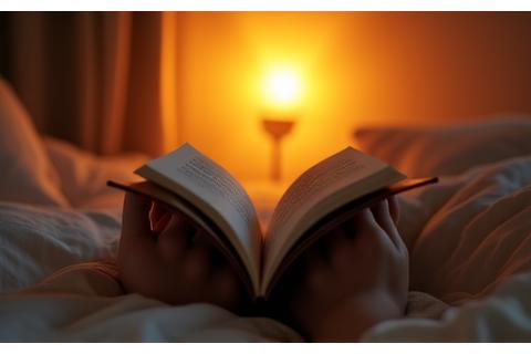 Person reading a book with a dim bedside lamp, demonstrating a wind-down routine.