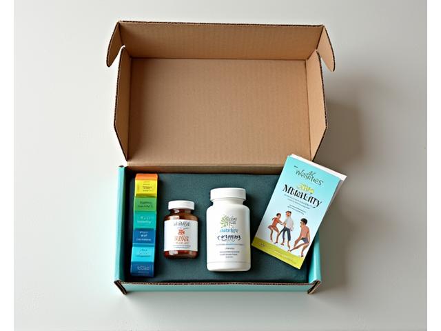Sample joint and mobility box with supplements like curcumin and collagen, plus resistance bands and a detailed mobility guide.