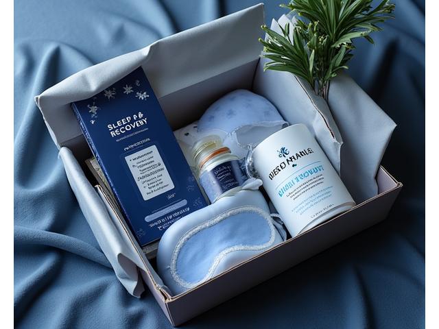 Sample sleep and recovery box with products like melatonin, calming chamomile tea, a weighted sleep mask, and a wellness journal.