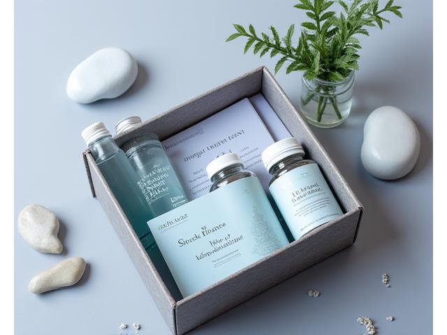 Sample stress and balance box with ashwagandha, omega-3 supplements, a meditation app card, and a breathing exercise tool.