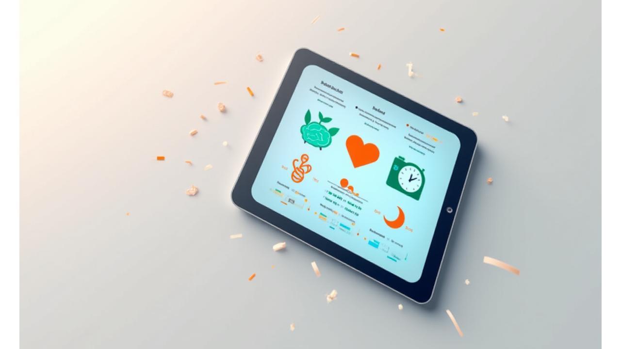 Digital interface showcasing various wellness program icons: a brain for mental health, a heart for cardio, a leaf for nutrition, and a dumbbell for fitness, on a tablet screen.